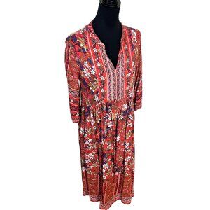 Roo Lee Womens Floral Midi Dress 3/4 Sleeves V Neck Red Peasant Boho Tiered med
